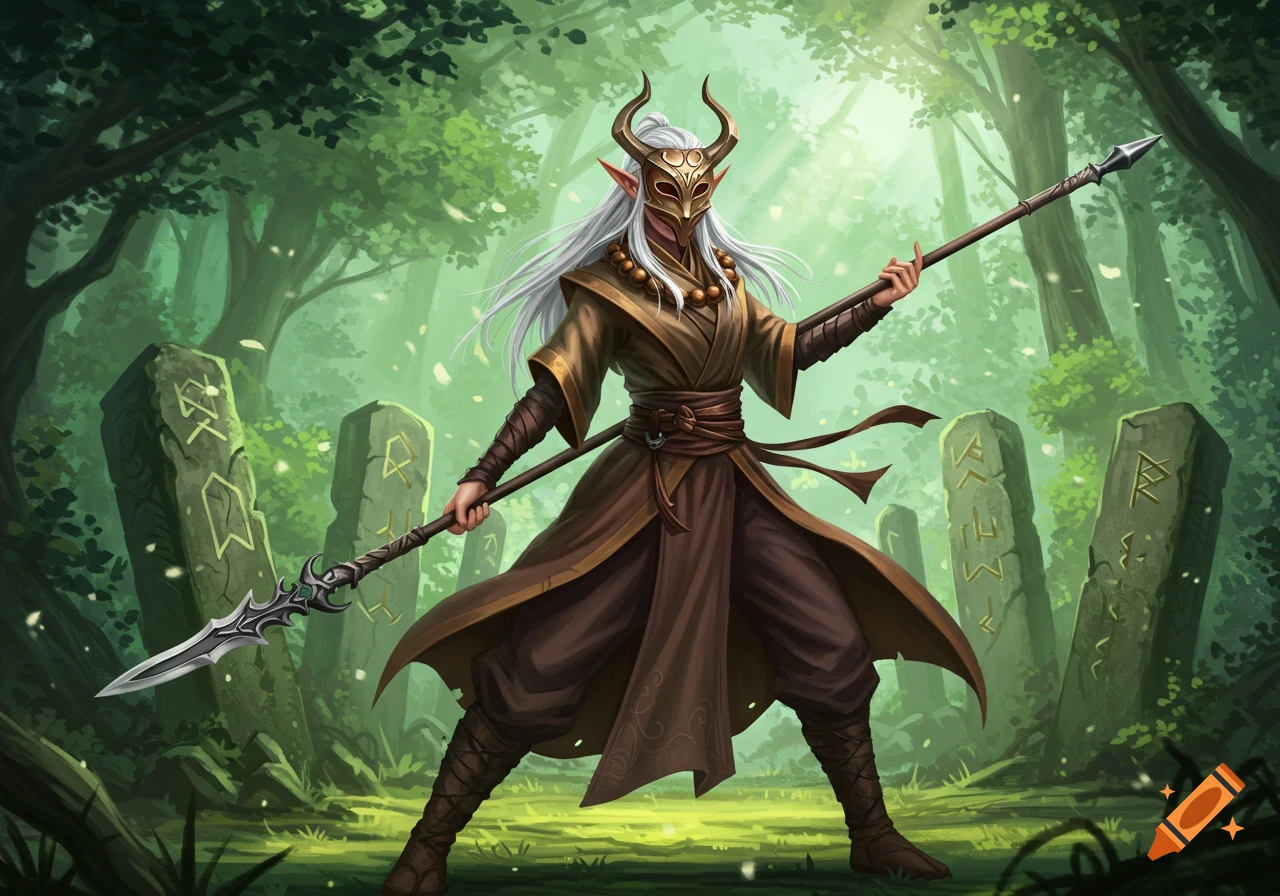 A masked elven monk with long white hair holding a spear stands in a mystical forest with ancient rune stones. Digital art.