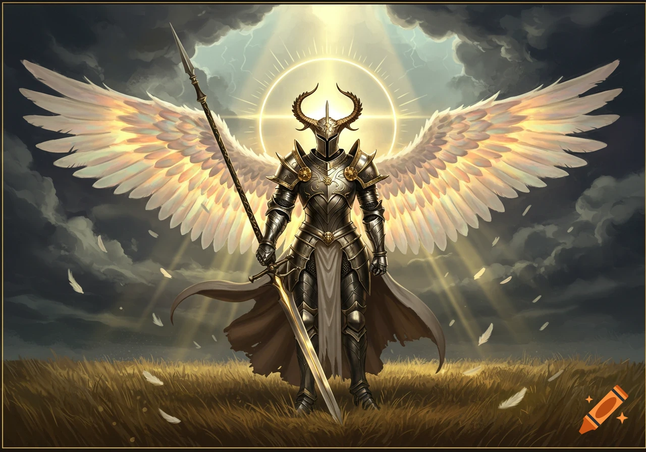 An armored angelic knight with a horned helmet stands in a field holding a spear and sword under a dramatic, cloudy sky.