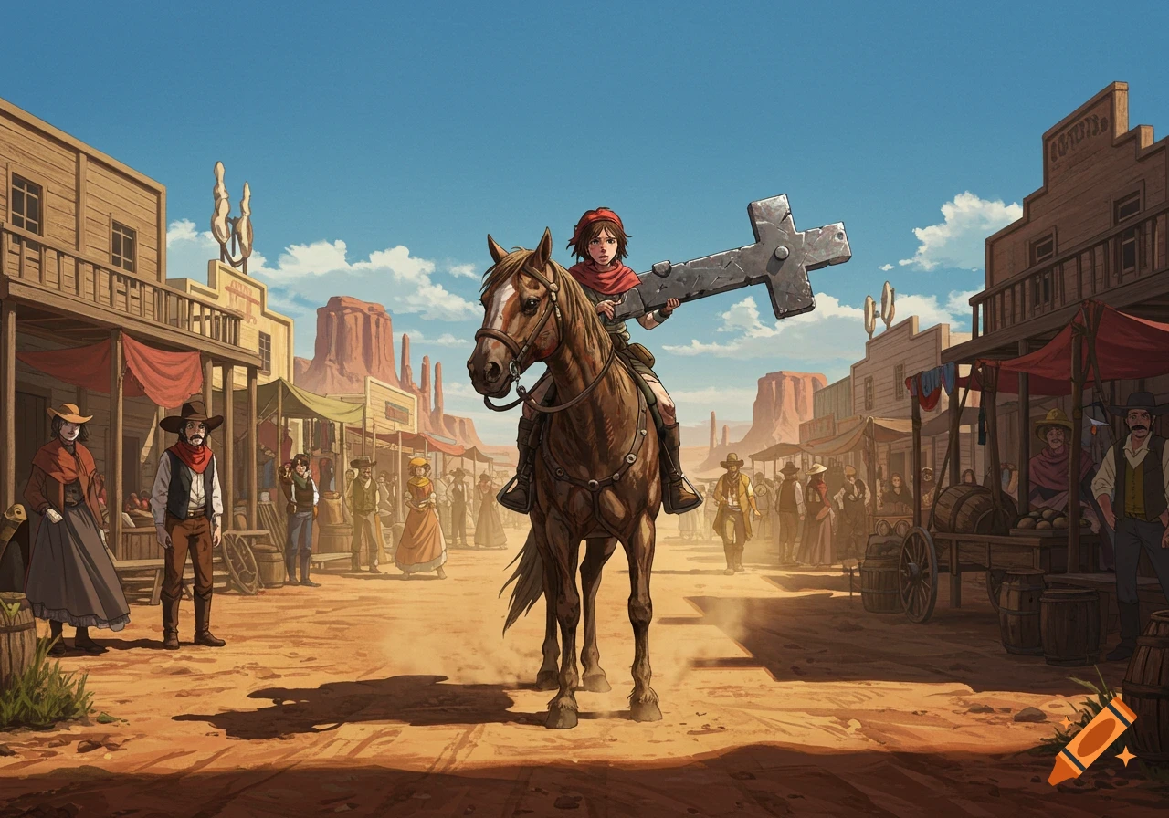 A girl with a red scarf rides a brown horse down a dusty Western town street, holding a large grey cross. The scene is depicted in an anime style with storefronts and distant mesas.
