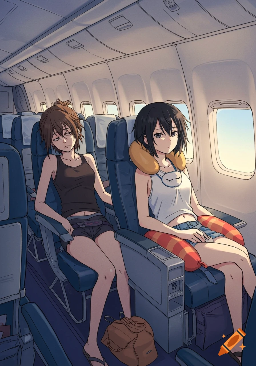 Two anime-style girls in casual clothes, one with a neck pillow, relaxing on an airplane with sunlight streaming through the windows.