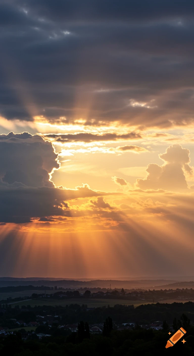 A dramatic sunset with orange and yellow light rays breaking through dark clouds over a dark landscape.