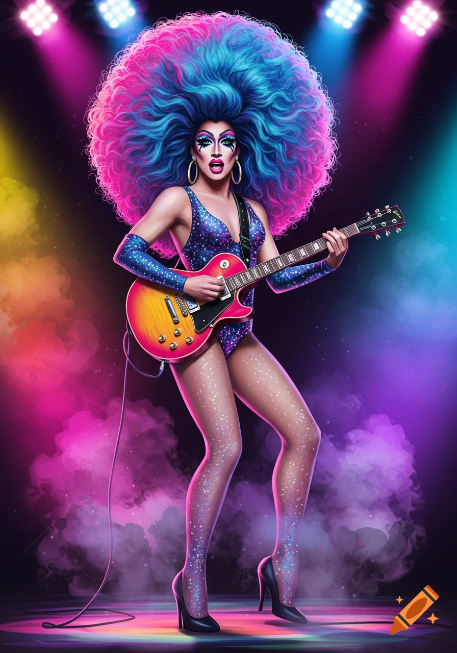 A drag queen with large blue and pink hair, wearing a sparkly outfit, plays an electric guitar on stage under colorful spotlights.