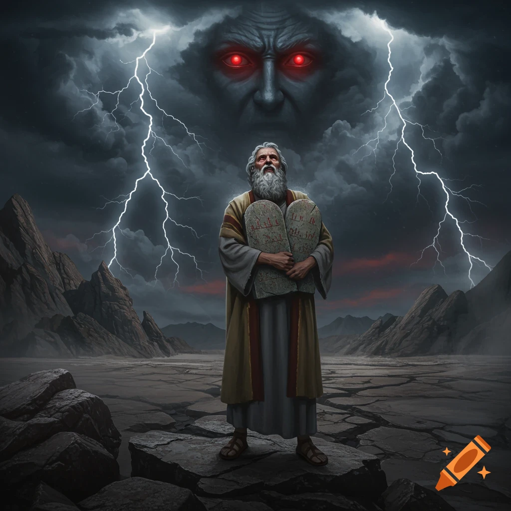 Moses stands holding the Ten Commandments under a stormy sky with lightning and a malevolent face with red eyes in the clouds.