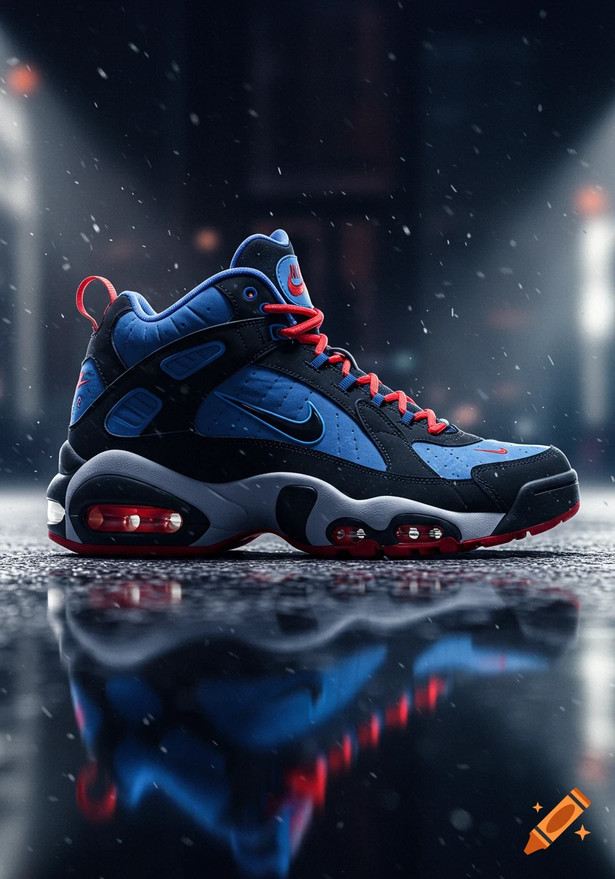 A close-up, photorealistic shot of a Nike Air Griffey Max sneaker, black and blue with red laces, on a wet, reflective surface in the rain at night.