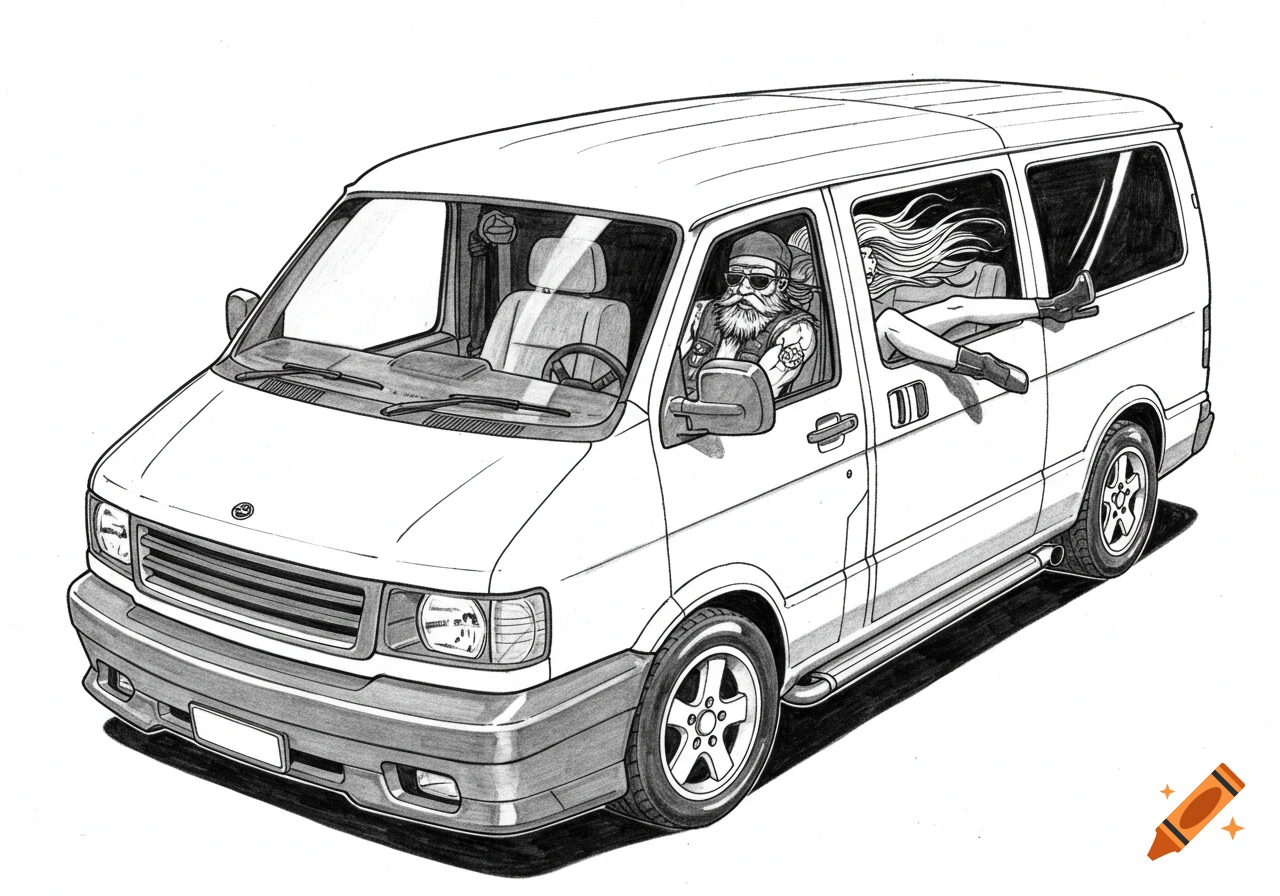 Black and white ink drawing of a bearded man in sunglasses driving a van with a woman's legs hanging out the passenger window.