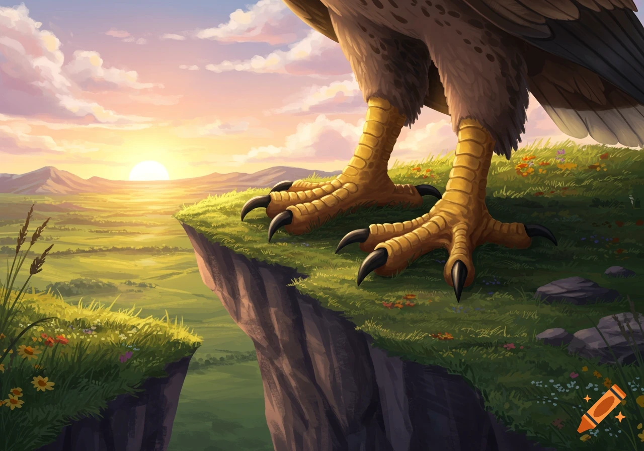 A giant bird stands on a grassy cliff overlooking a vast valley at sunset, with large scaly feet and claws visible.