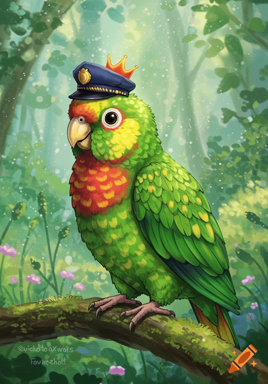 A Studio Ghibli-style illustration of a green parrot wearing a police hat and a crown, perched on a mossy branch in a whimsical forest.