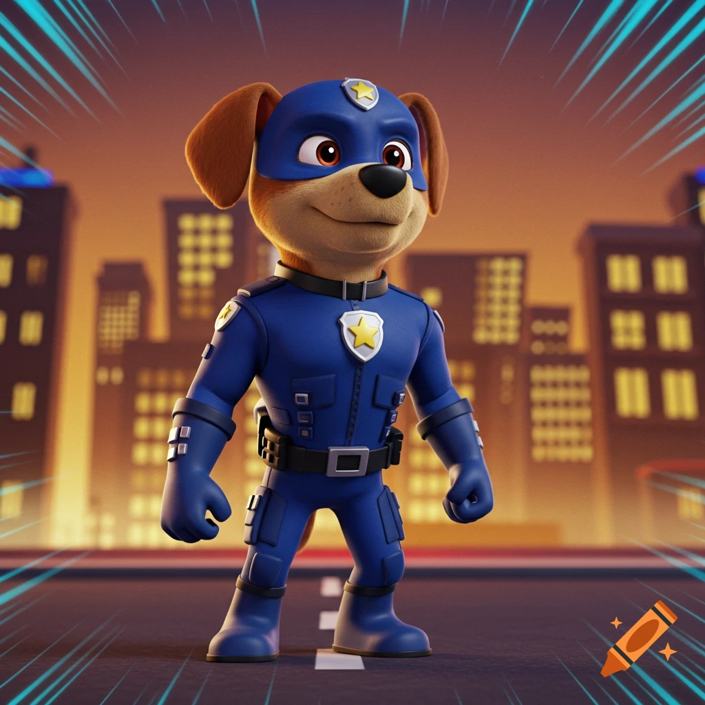 A 3D animated cartoon dog superhero in a blue police uniform stands against a city skyline at dusk.