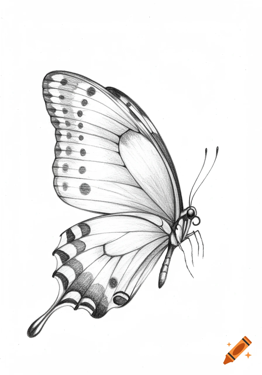 Black and white pencil sketch of a butterfly in flight.