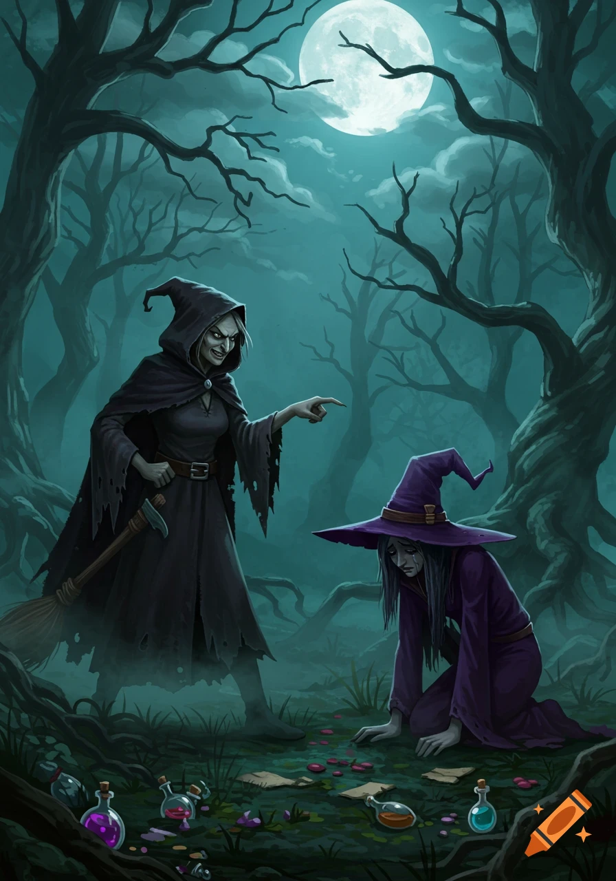 A mean witch in a dark forest points at a sad, kneeling witch surrounded by spilled potions under a full moon.