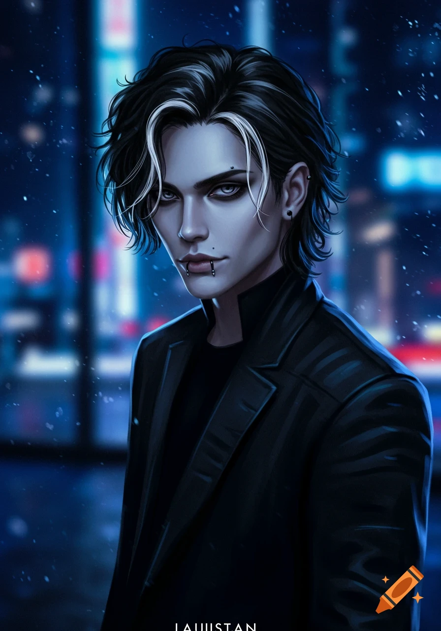 Digital art portrait of a young person with pale skin, black hair with white streaks, and face piercings, standing in a city at night.
