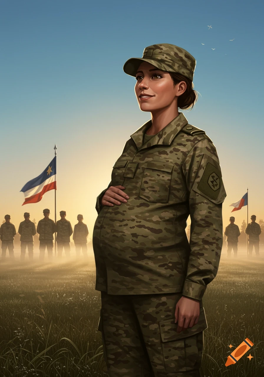 A pregnant woman in a military uniform stands in a field at sunset, with other soldiers and flags blurred in the background.