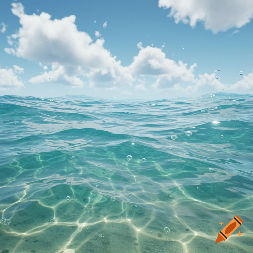 Clear blue ocean water with sunlight shimmering on the sandy seabed and bubbles under a bright sky.
