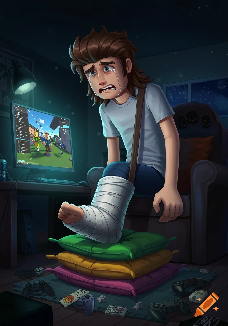 Cartoon image of a crying boy with a broken foot in a cast, sitting next to a computer displaying a game development screen.