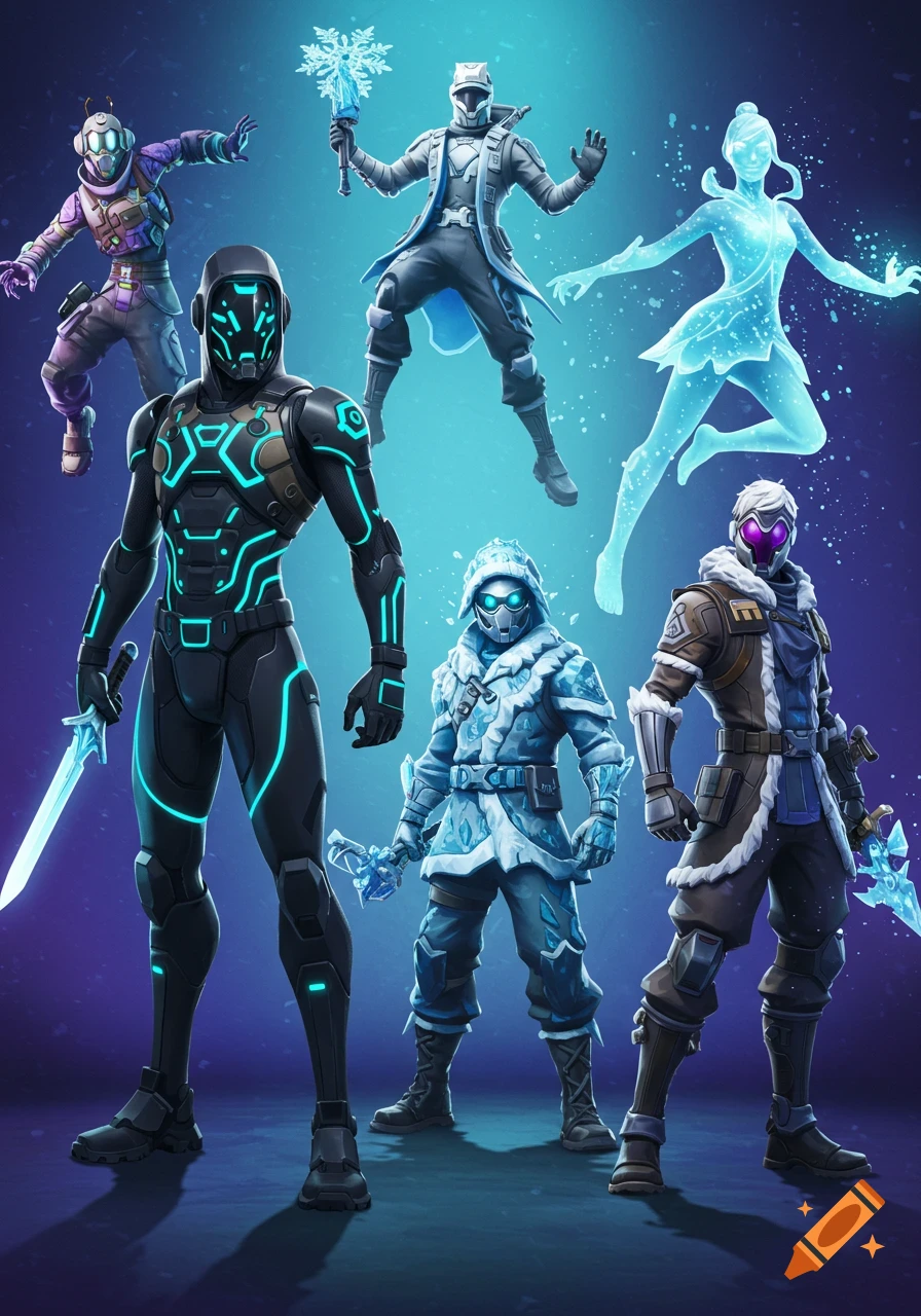 Six stylized characters in various outfits with glowing elements and weapons, standing or floating against a vibrant blue background.