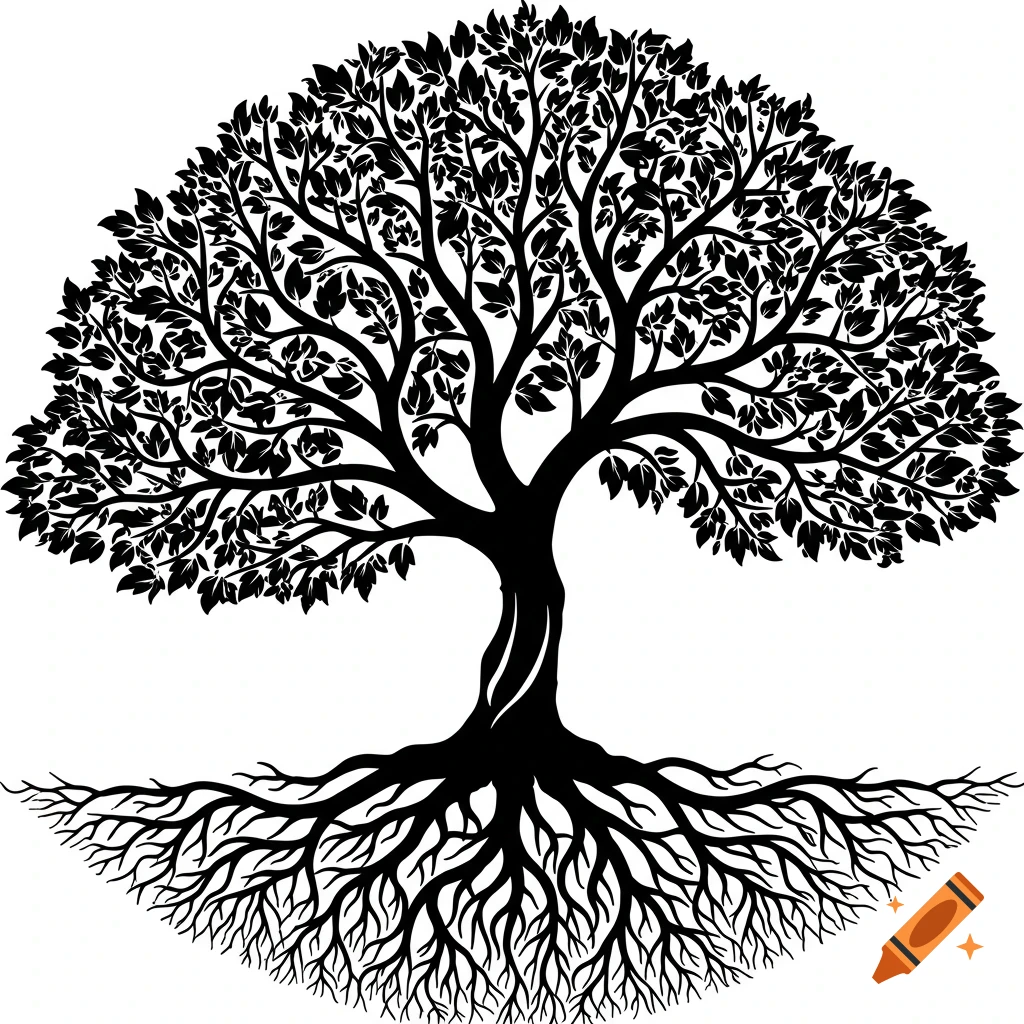 A detailed black stylized tree with a full leafy canopy and extensive root system visible against a white background.