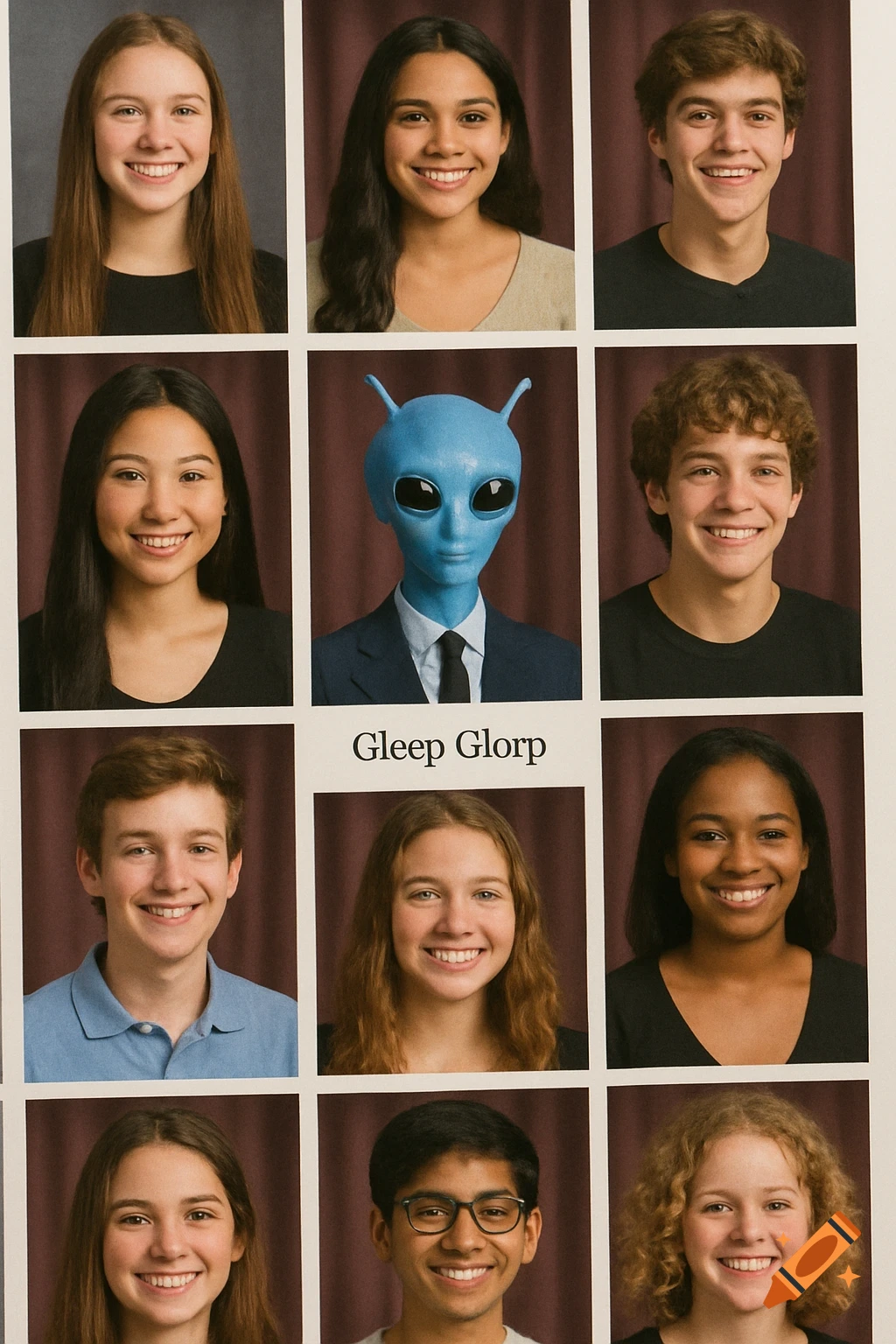 Photorealistic image of a high school yearbook page featuring multiple smiling student portraits and one blue alien in a suit named Gleep Glorp.