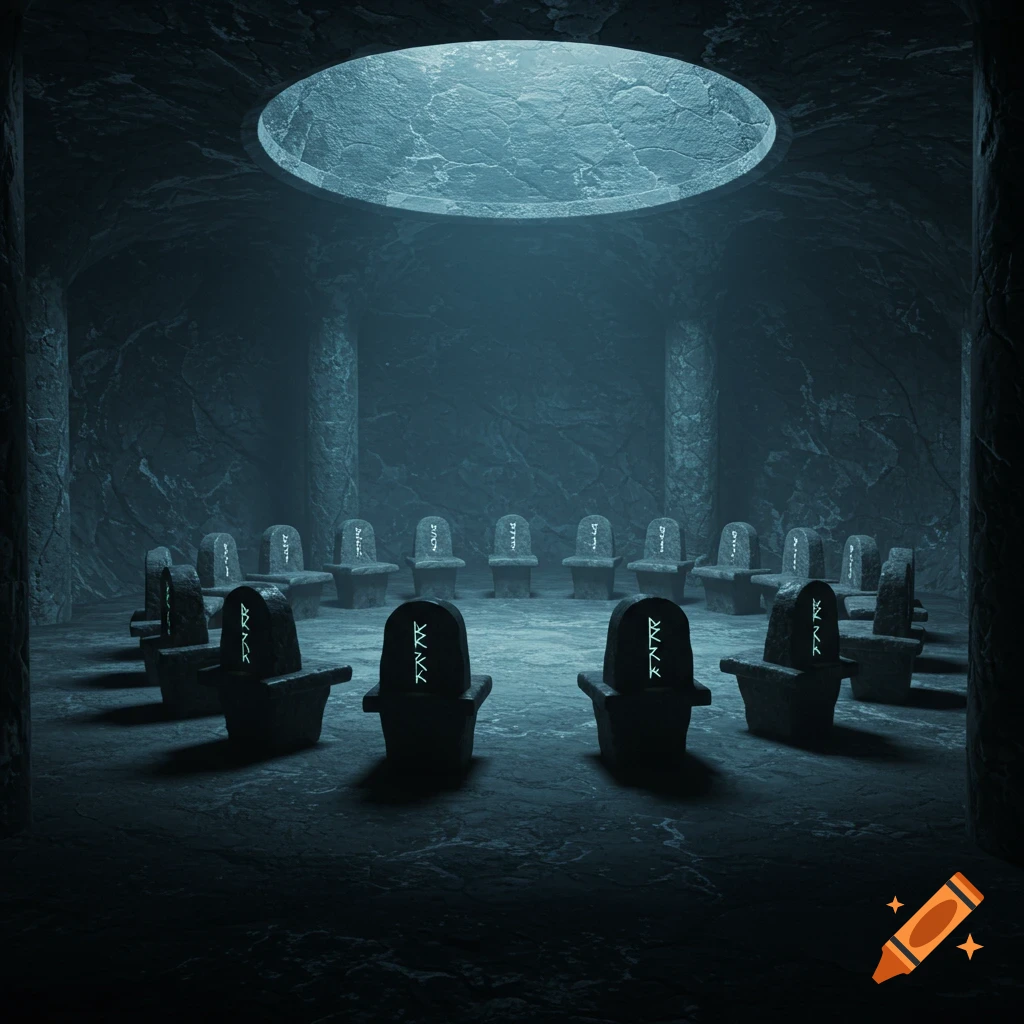 A dark, circular underground chamber made of granite, with a circular opening in the ceiling casting a glow. Stone chairs with glowing runes are arranged in a circle.