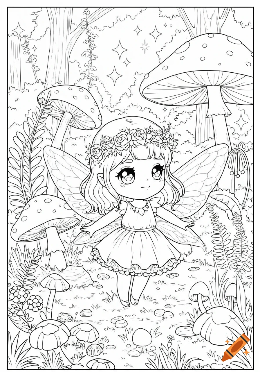 A line art coloring page of a cute kawaii fairy with wings and a flower crown, standing in a whimsical forest with large mushrooms and foliage.