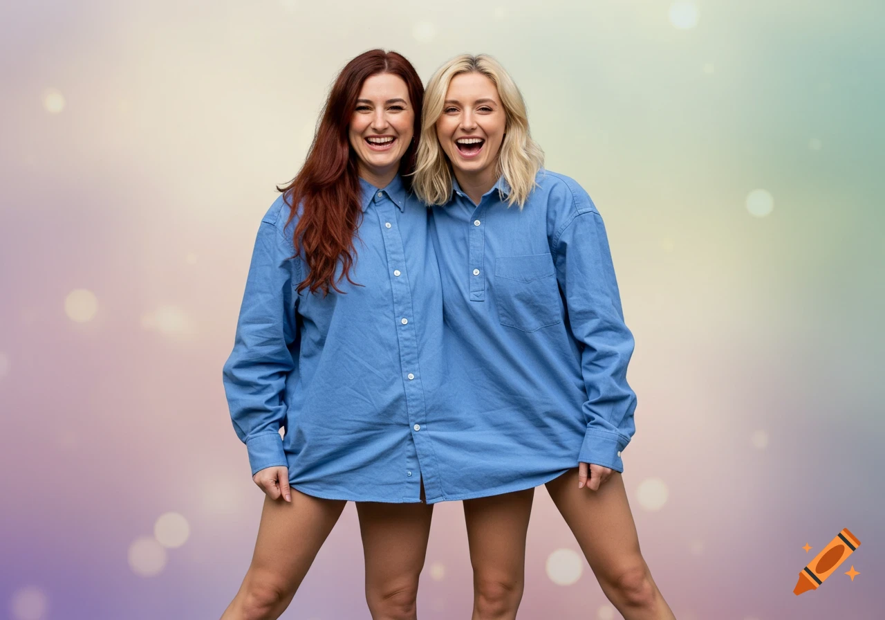 Two women laughing and sharing an oversized blue shirt, creating a conjoined illusion with visible legs.
