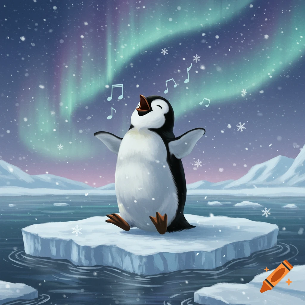A cheerful cartoon penguin sings on an ice floe under the northern lights as snow falls.