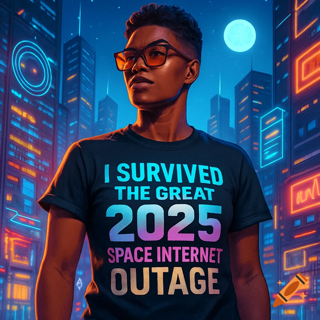 A person in a '2025 Space Internet Outage' t-shirt stands in a neon futuristic city at night, digital art.