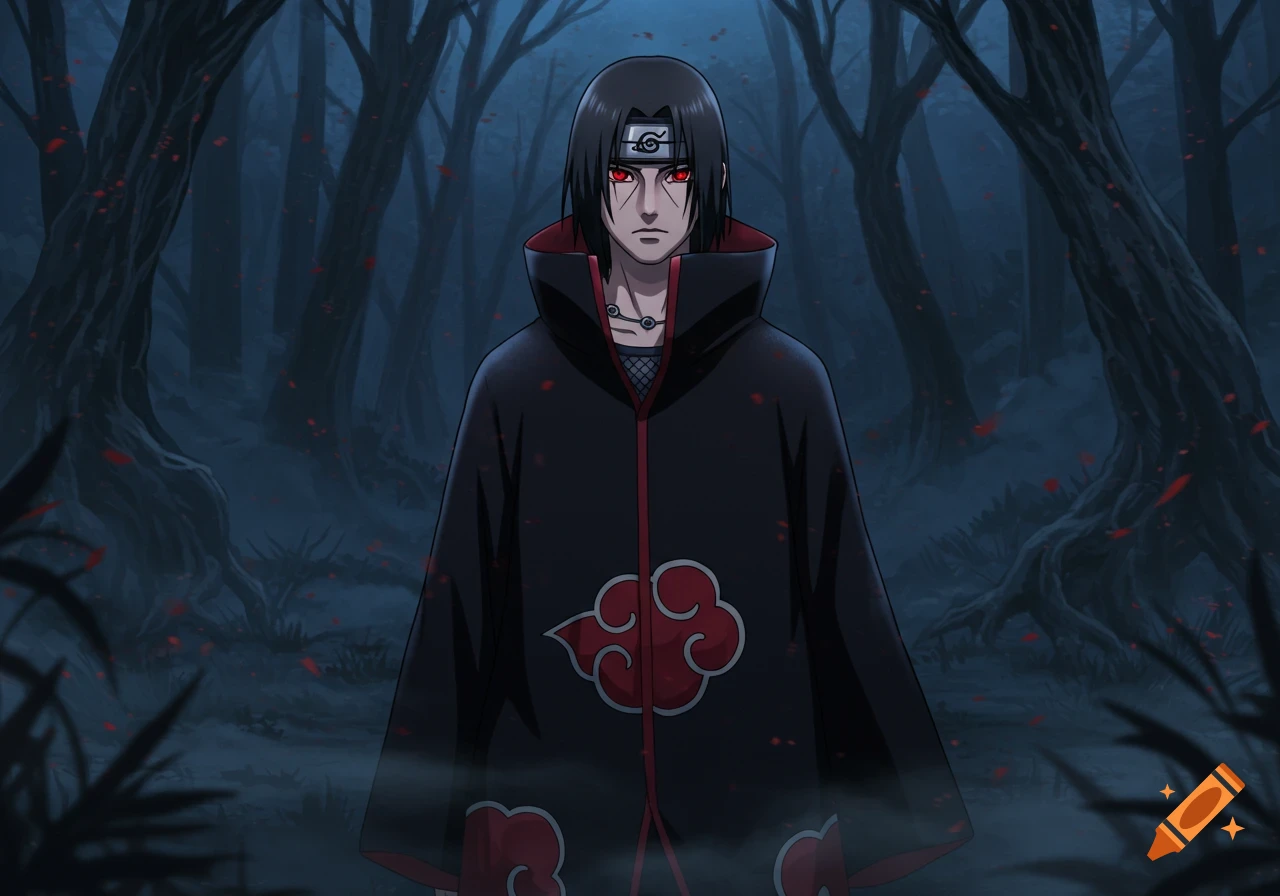 Anime illustration of Itachi Uchiha with red eyes, wearing a black cloak with red clouds, standing in a dark, misty forest.