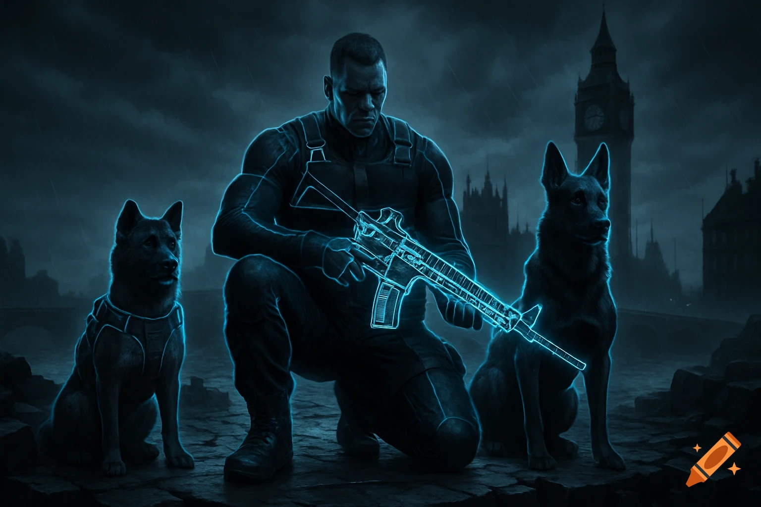 A soldier with two dogs in a dark, stormy city, illuminated by electric blue outlines. He kneels holding a glowing rifle.