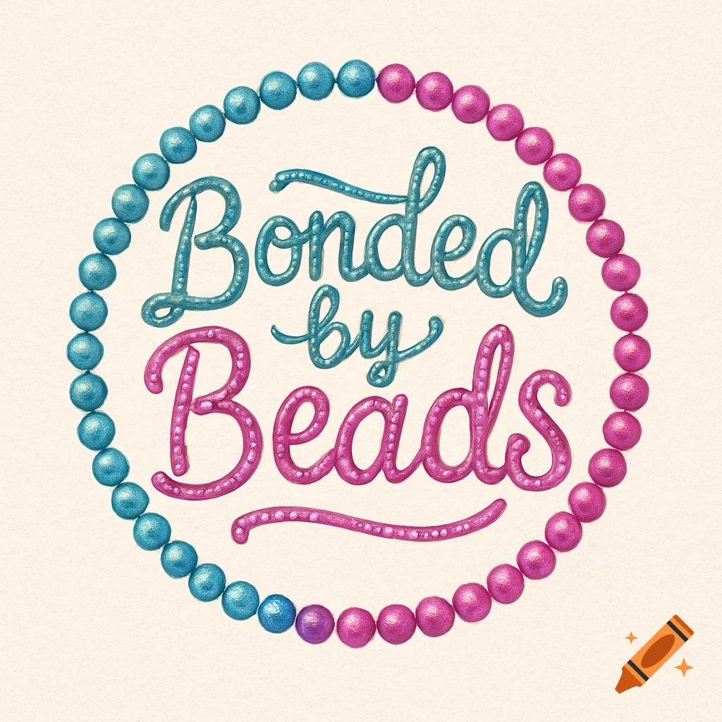 A cute circular logo with the text 'Bonded by Beads' in bubbly blue and pink cursive, encircled by matching blue and pink beads.