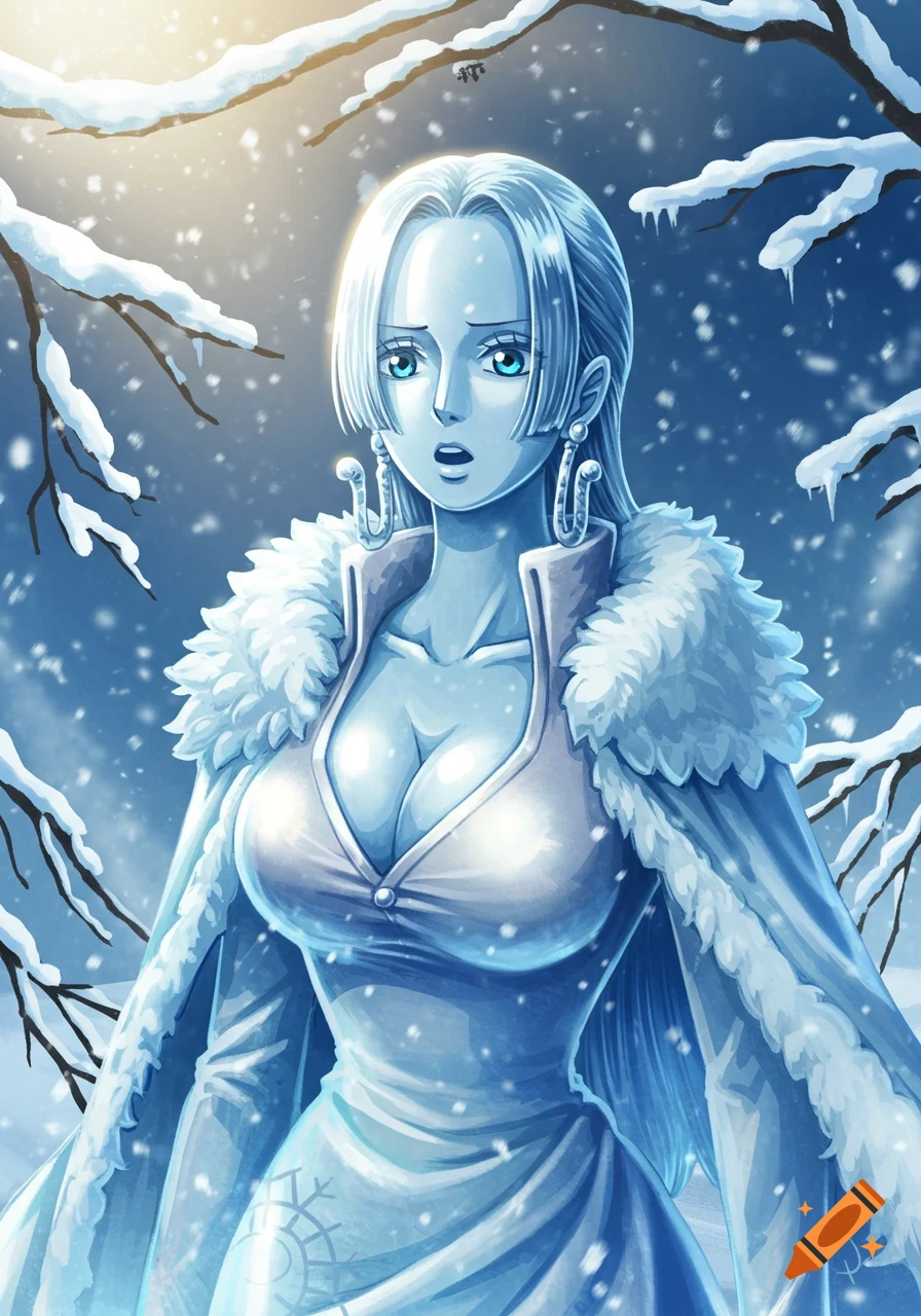 Anime illustration of Boa Hancock as an ice statue with a surprised expression, in a snowy setting.