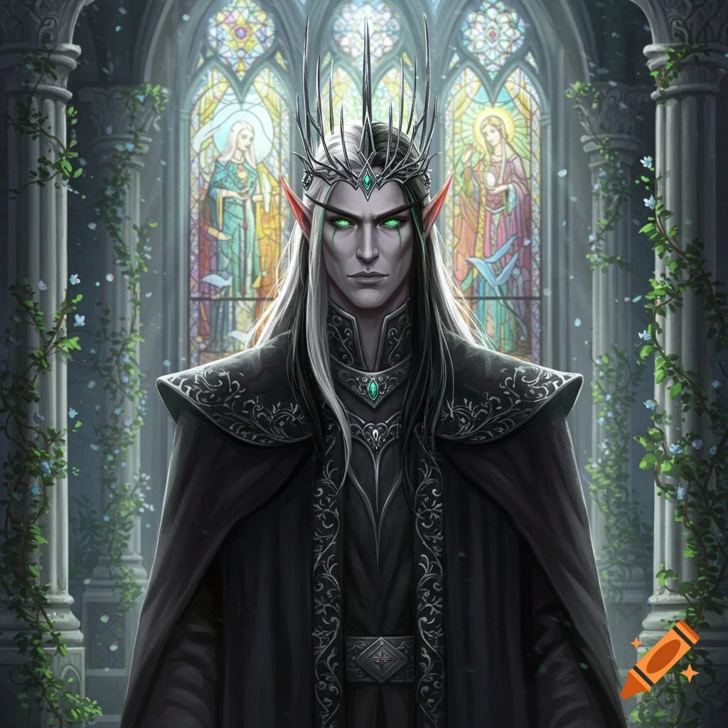 A pale male elf king with black and white hair, glowing green eyes, and a spiky crown stands in a gothic hall with stained glass windows.