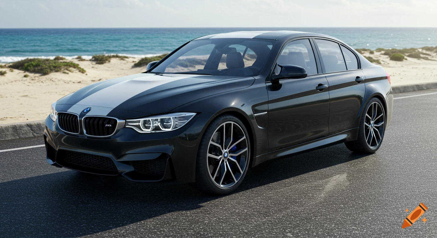 A black BMW sedan with white racing stripes parked on an asphalt road next to a sandy beach and ocean under a sunny sky.