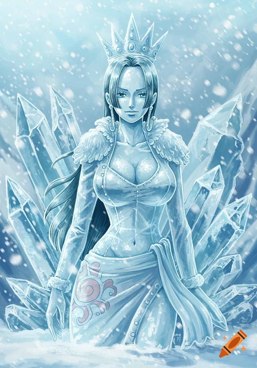An ice statue of Boa Hancock from One Piece, an anime character, stands among large ice crystals in a snowy landscape.