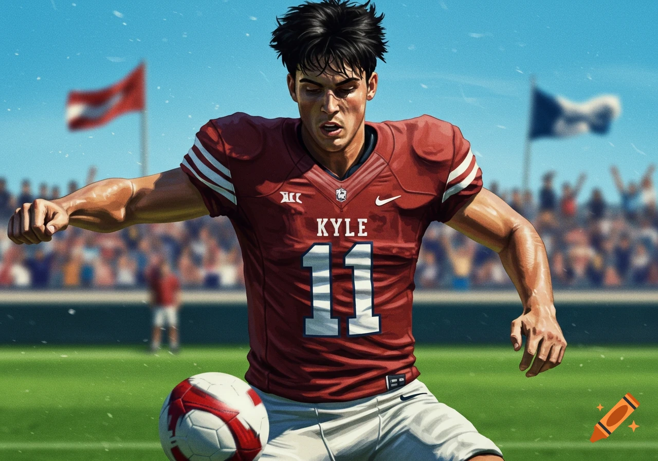 A male athlete in a red sports jersey with 'KYLE 11' on it, kicking a soccer ball on a green field during a game.