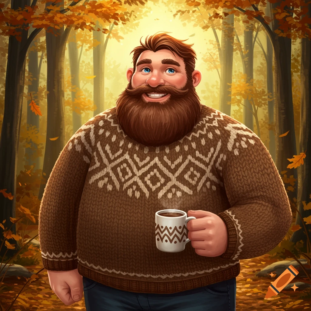 A smiling bearded man in a brown patterned sweater holds a white mug while standing in an autumn forest with falling leaves, in a digital illustration style.