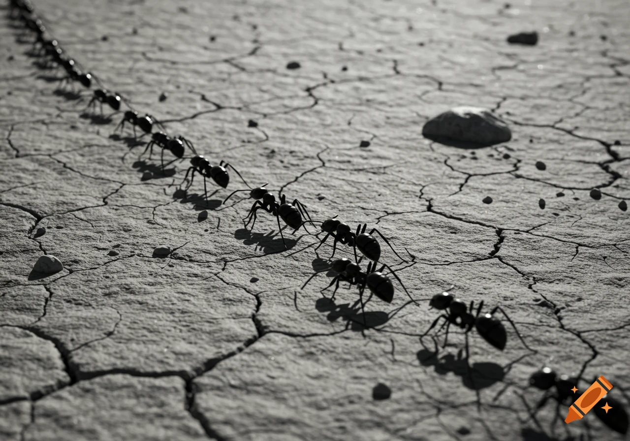A line of ants crawling across dry, cracked earth in a black and white photograph, with the foreground ants in sharp focus.