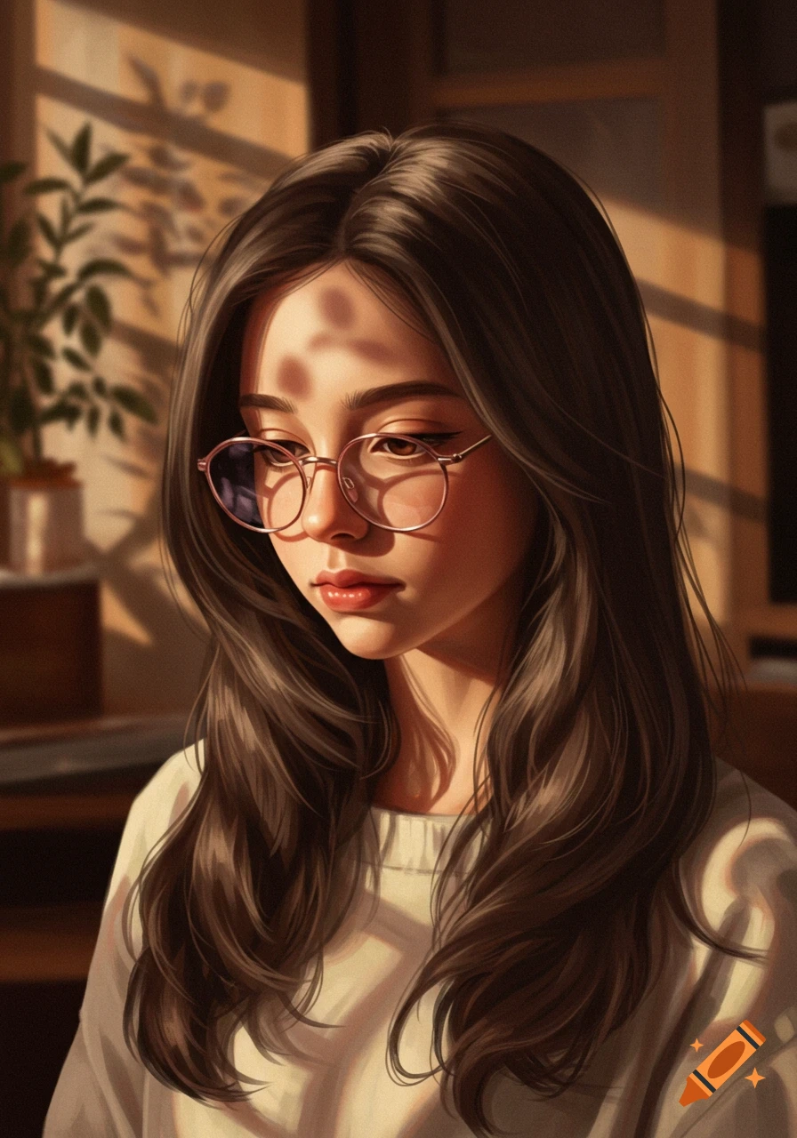 Artistic portrait of a teenage girl with long brown hair and pink glasses, light filtering through shadows on her face.