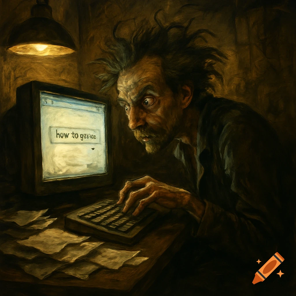 An oil painting of a wild-haired, wide-eyed man hunched over an old computer, typing on a keyboard, with "how to gence" displayed on the screen.