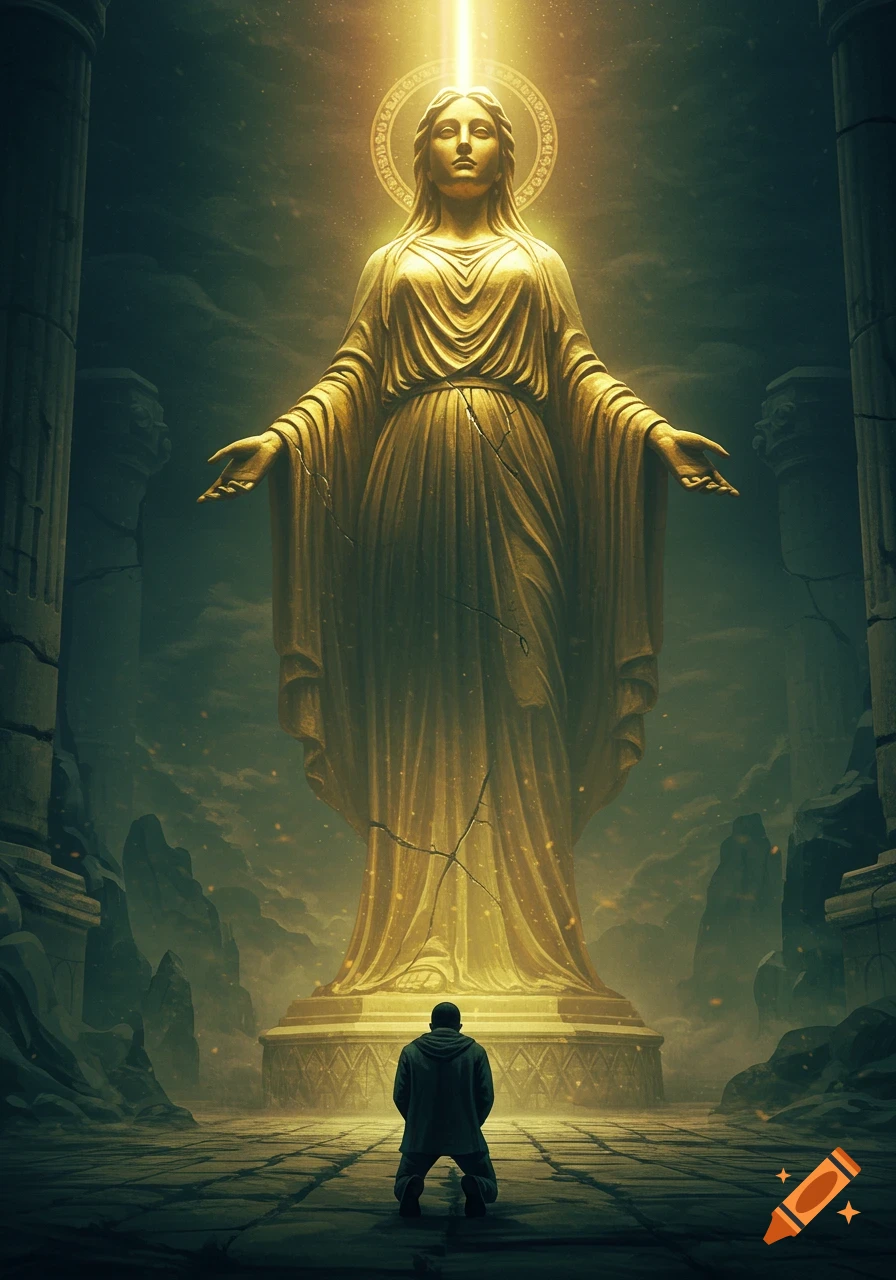A person kneels before a colossal golden statue of a woman with outstretched arms and a glowing halo, in a dark, ruined landscape.