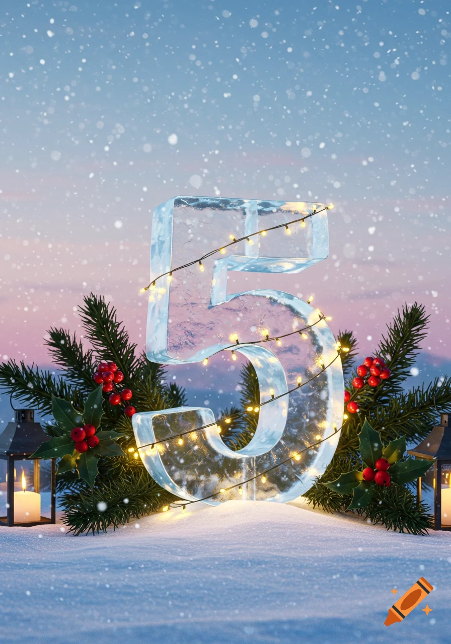 Large ice number 5 decorated with string lights, holly, and pine branches in a snowy winter scene with falling snow.