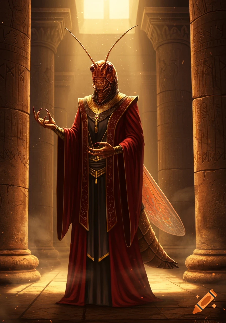 An anthropomorphic locust creature in red and black robes stands in an ancient Egyptian temple, digitally painted.