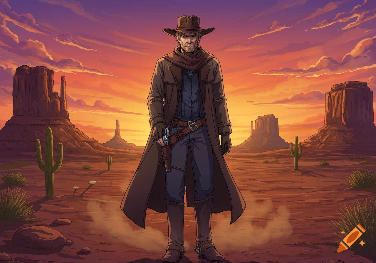 An anime-style cowboy stands in a desert landscape at sunset, featuring prominent mesas and cacti.