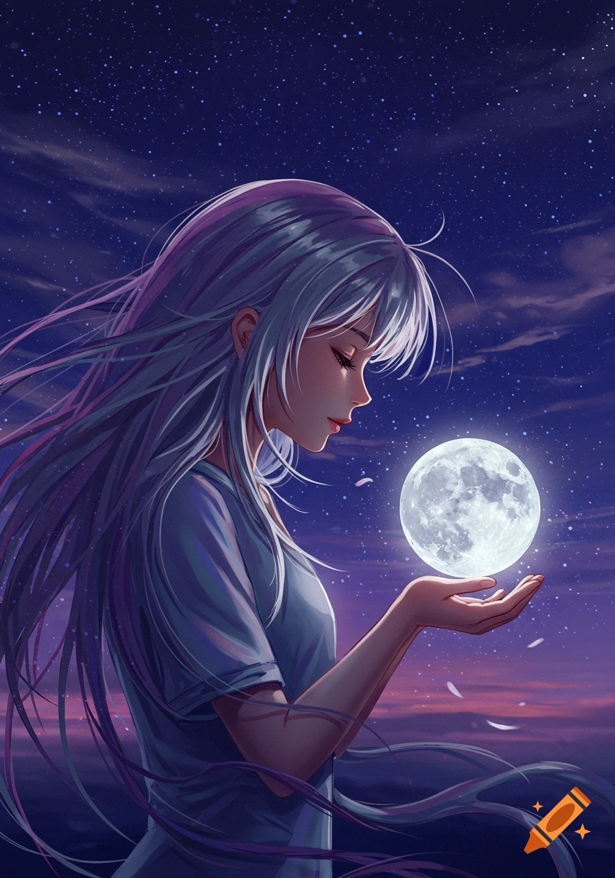 An anime girl with long, flowing white hair cradles a glowing full moon under a starry, purple night sky.