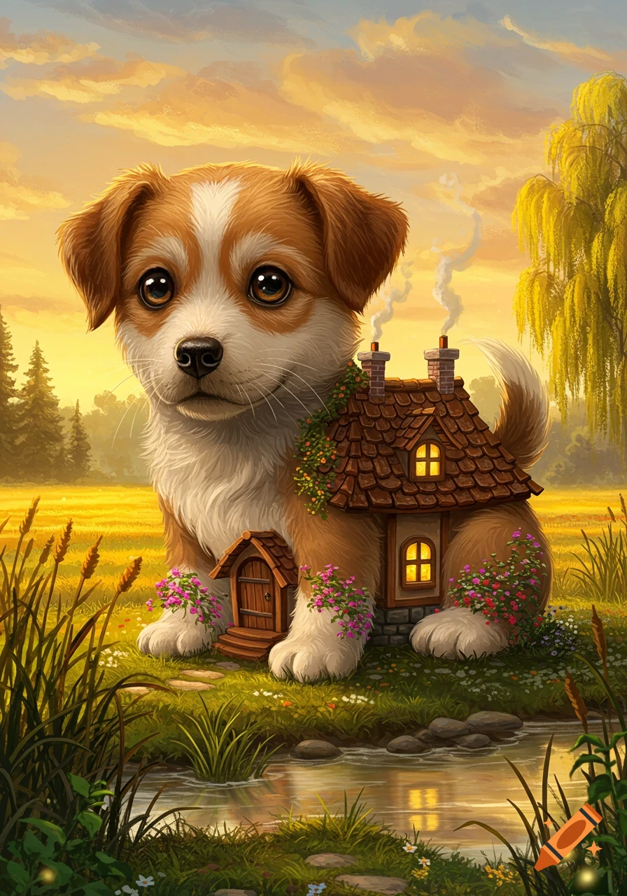 A cute puppy with a small house on its back sits by a stream in a golden field at sunset.
