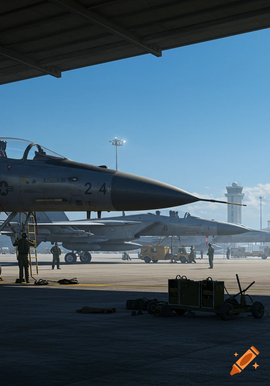 Photorealistic image of military aircraft on an air base with personnel and equipment under a clear blue sky.
