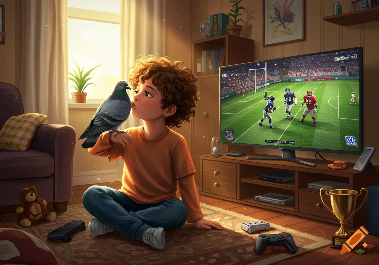 Digital art of a boy kissing a pigeon in a living room while a football video game plays on a large TV.
