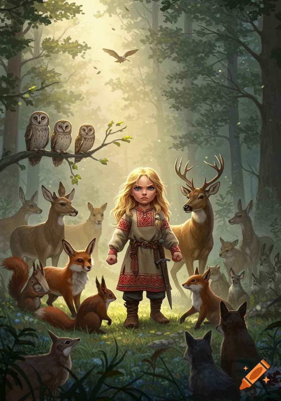 A defiant blonde child in traditional attire stands in a sunlit forest, surrounded by deer, foxes, owls, and other woodland creatures in a storybook style.