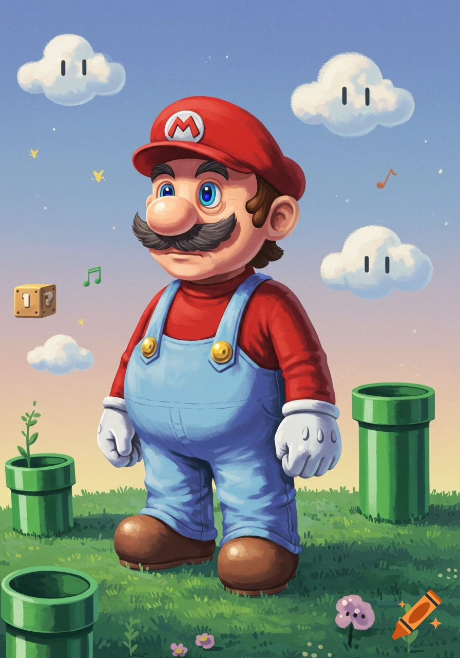 An illustration of an older, light blue-overalled Mario standing in a grassy field with green pipes, happy clouds, and a question block under a sunny sky.