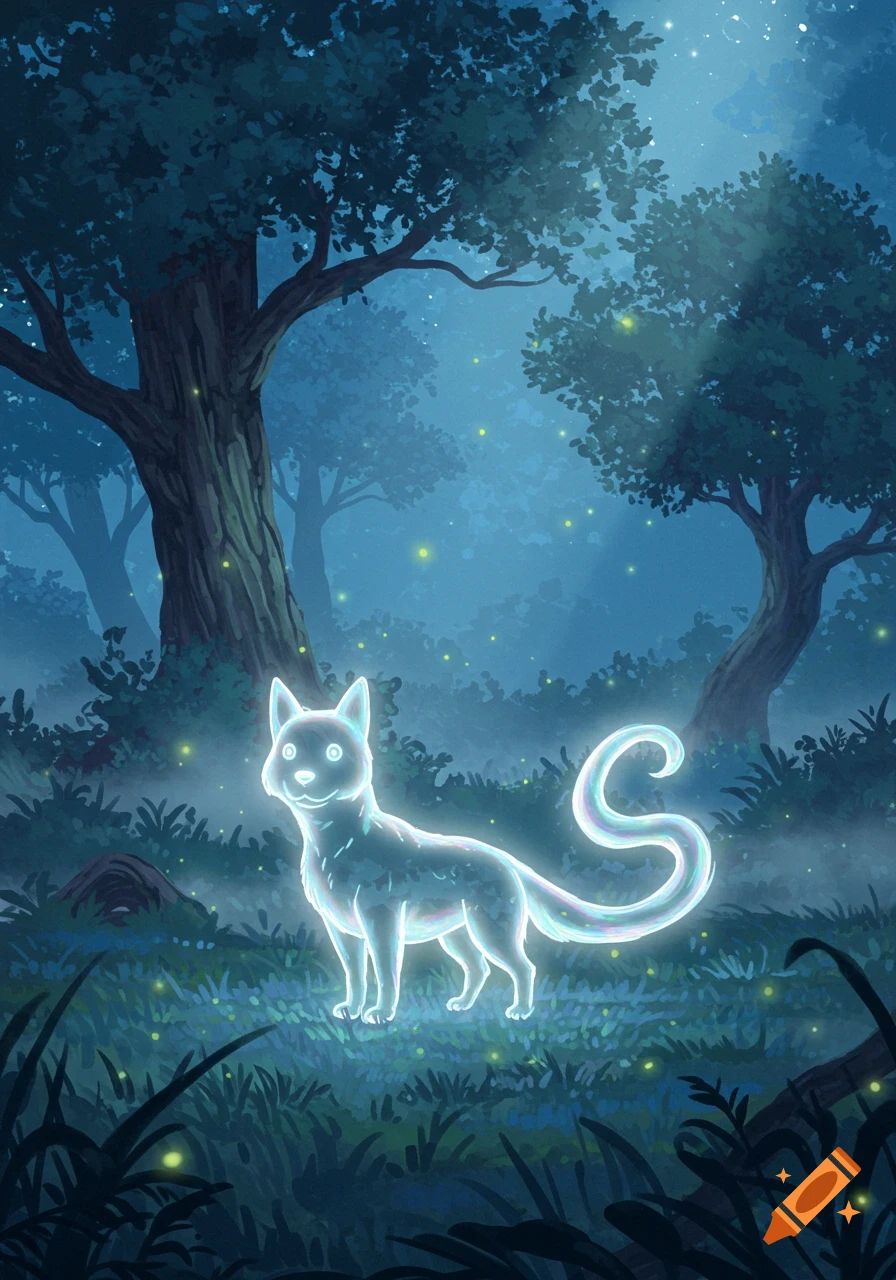 A glowing white cat-like creature with an 'S' on its tail stands in a dark, misty forest with fireflies at night.