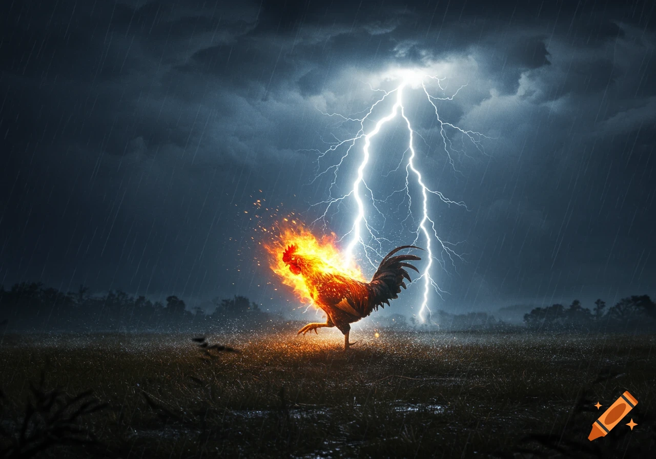 A rooster is engulfed in flames and sparks, standing in a field under a stormy, rainy sky with bright lightning strikes.